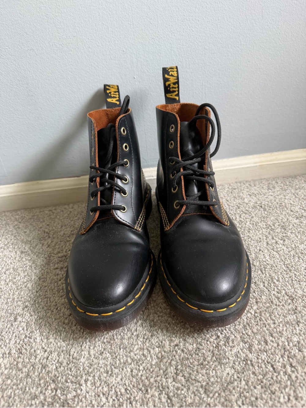 Dr. Martens Black Leather Lace-Up Boots with Yellow Stitching